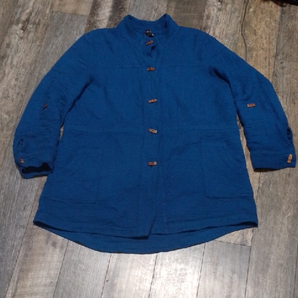 Focus Casual Life Blue Waffle Cotton Button Up Tunic Long Sleeve Blouse